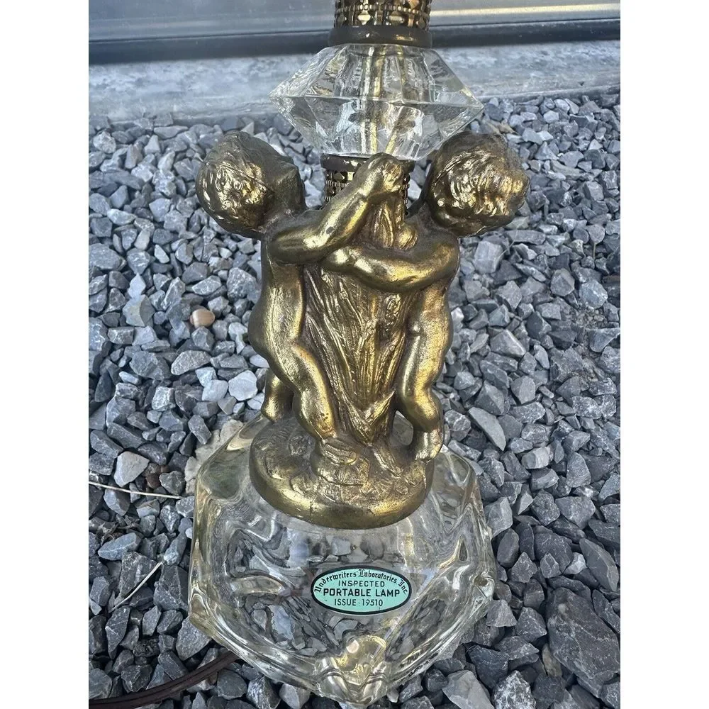 Vintage‎ Hollywood Regency Gold Crystal Cherub Lamp Base 24.5in High WORKS